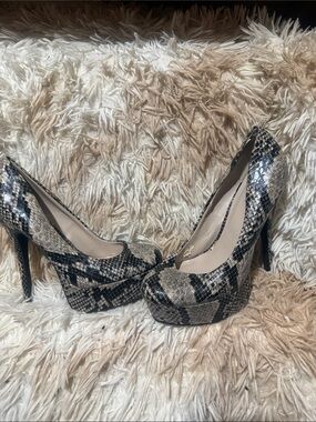 Olsenboye Snake-Print Platform Pumps in Beige and Black